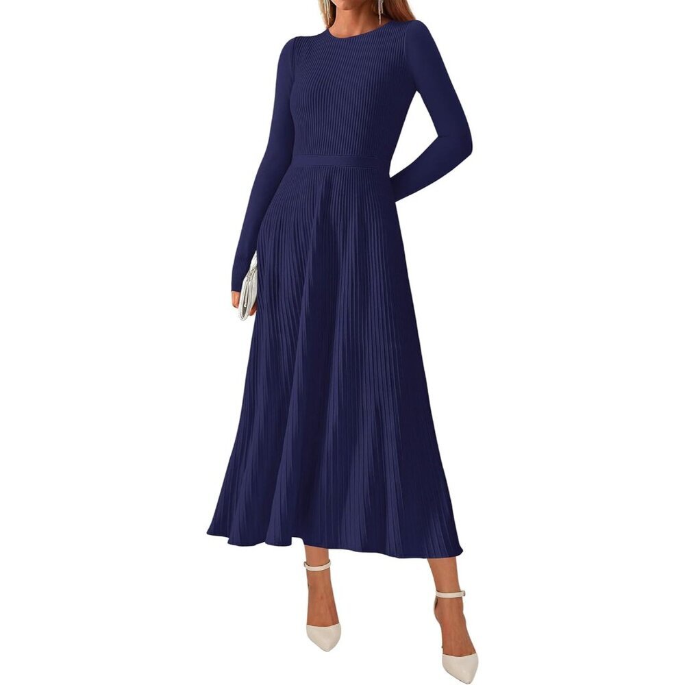 Women Fall Knit Midi Dress Ribbed Bodycon Pleated Long Sleeve Elegant